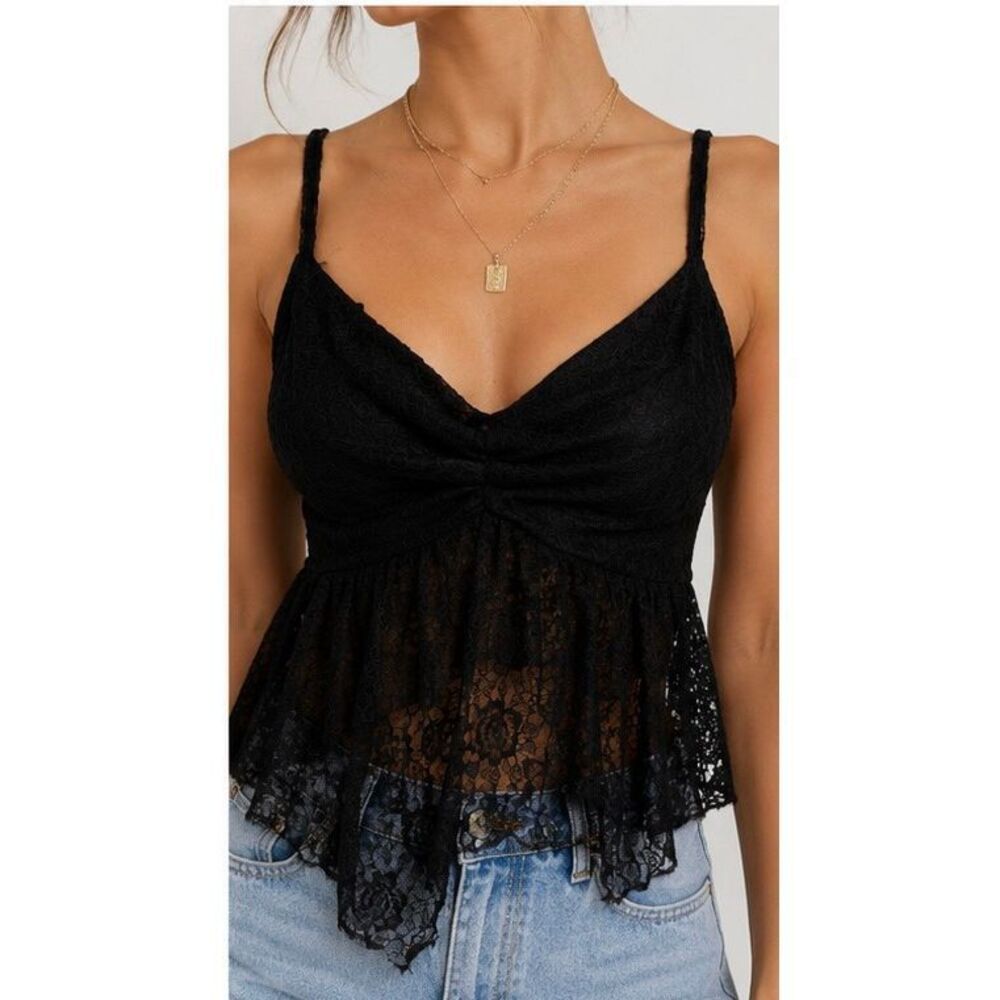 Festi Black Lace Cami Top Size 1 Y2K Sheer Babydoll Going Out Top